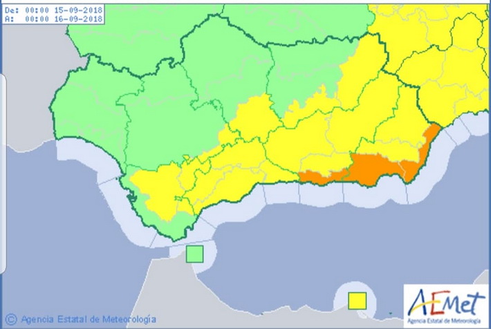 Aviso naranja por lluvias y tormentas para el fin de semana en las costas de Granada y Almera 